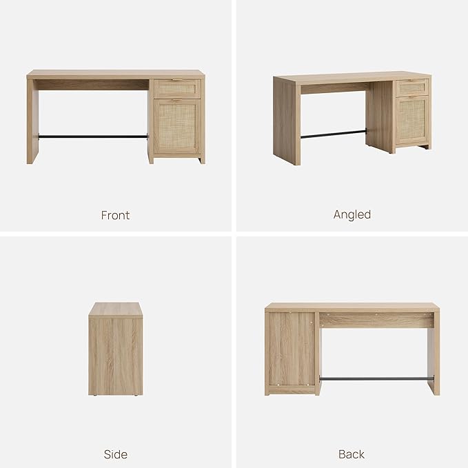 SICOTAS Rattan Home Office Desk, 2 Pieces 59" Boho Executive Desk with Storage Cabinets and Drawers, Larger Computer Laptop Vanity Desk for Office, Study, Living Room, Light Oak