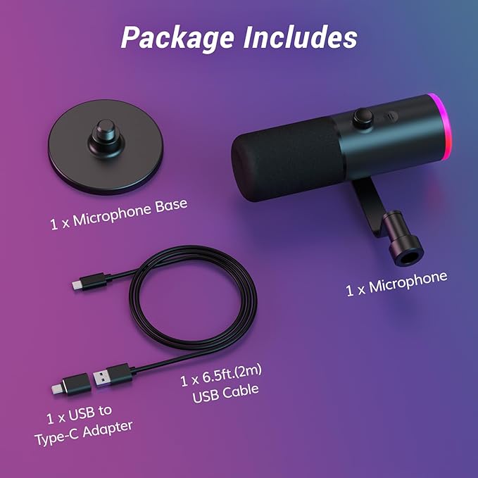 TONOR Dynamic Gaming Microphone, XLR/USB Mic Streaming, AI Noise Cancellation, Controlable RGB, Tap Mute, 3.5mm Headphone Jack, Volume Control, Microfono with Desktop Stand, Black, TD510 AIR S