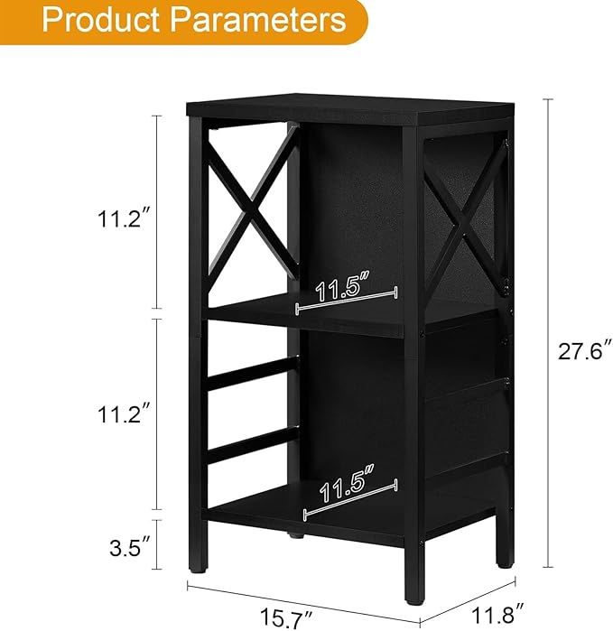 MNEETRUNG Small Bookshelf,3 Tier Industrial Bookcase with Metal Frame and Backboard,Low Black Book Shelf,Book case for Small Spaces,Living Room,Bedroom and Home Office