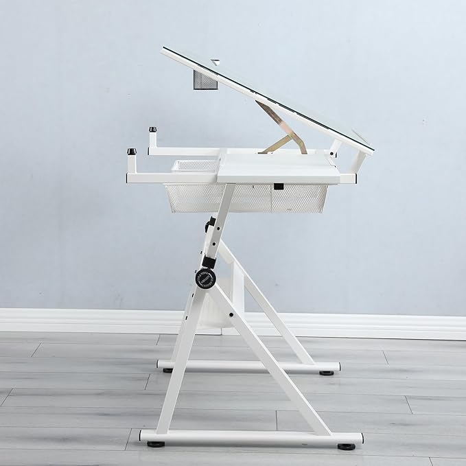 Adjustable Tempered Glass Drafting Table, 0-75° Tilting Art Desk with Multi-Storage Drawers & Trays, Height Adjustable 27.1"-35.8" Drawing Table with Chair, White
