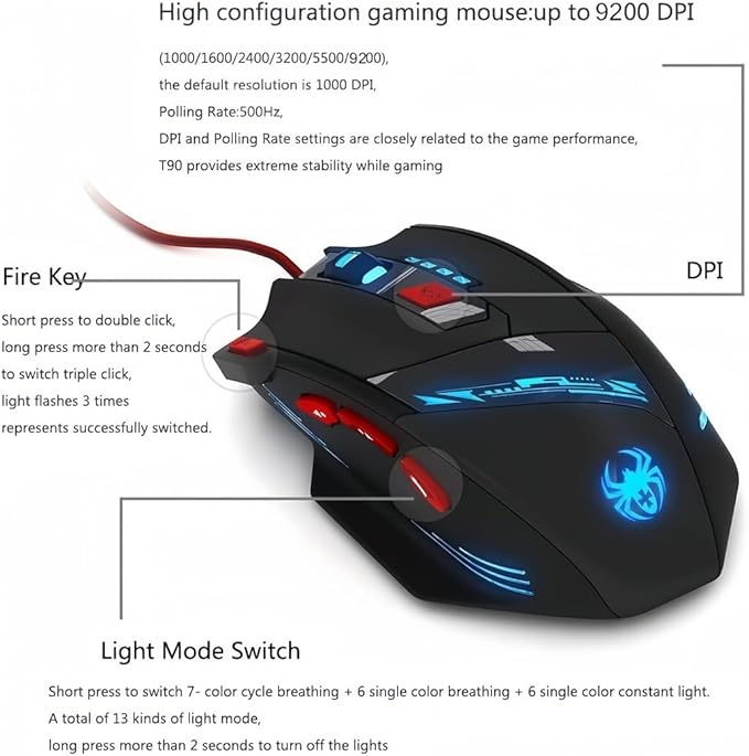 zelotes T90 Gaming Mouse 9200 DPI, 8 Programmable Buttons Multi-Modes LED Lights USB Gaming Mice, Weight Tuning for Laptop, Desktop, PC,- Black
