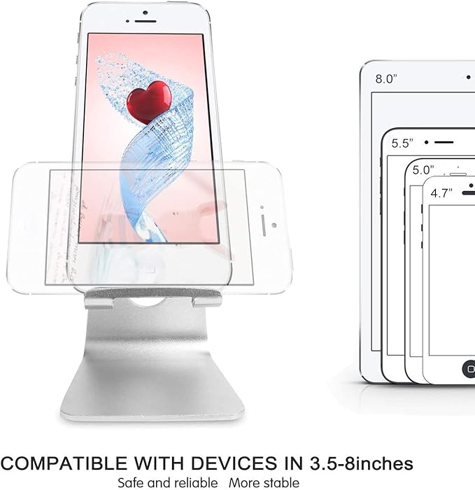 Phone & Tablet Stand Adjustable Multi‑Angle Aluminum Phone & Tablet Stand Adjustable Non‑Slip Dock/Cradle/Charging Station for Desktop, Bed, Kitchen, Office (Silver)