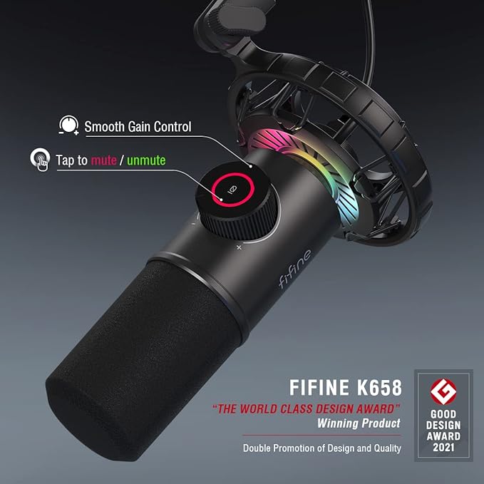 FIFINE USB Gaming Microphone, RGB Dynamic Mic for PC, with Tap-to-Mute Button, Plug & Play Cardioid Mic with Headphone Jack for Streaming, Podcast, Twitch, YouTube, Discord- K658