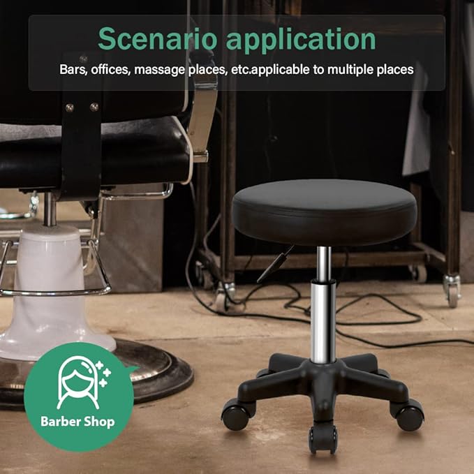 FURWOO Round Rolling Stool Height Adjustable Stool with Wheels for Spa Salon Massage Black