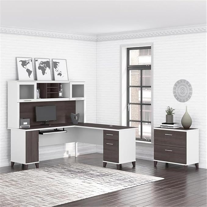 Bush Home Somerset 72W L Shaped Desk with Hutch and Lateral File Cabinet in White and Storm Gray