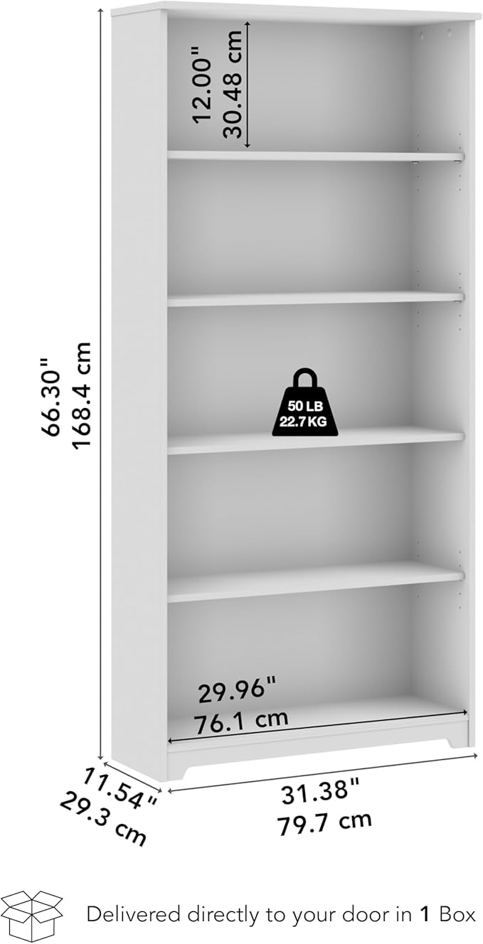 Bush Home Tall 5 Shelf Bookcase, Large Open Bookshelf, Sturdy Display Cabinet for Living Room or Home Office, Cabot Collection, Linen White Oak