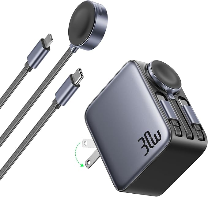 HERRBOLAI 30W Retractable Charger 3 in 1, Wall Charger Block Fast Charging with Triple Retractable Charging Cables, Portable Travel Charger for iPhone 17-11, for Apple iWatch, Air Pods, Samsung, iPad