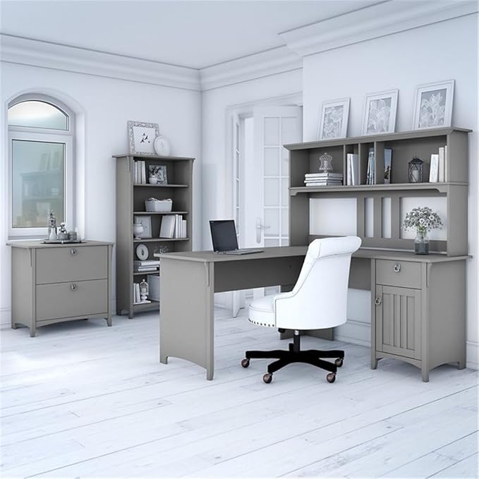 Pemberly Row 60W L Shaped Desk Office Suite, Cape Cod Gray, Includes Hutch, 2 Drawer Lateral File Cabinet, 5 Shelf Bookcase, Mission Style, Space-Saving Home Office Furniture Set