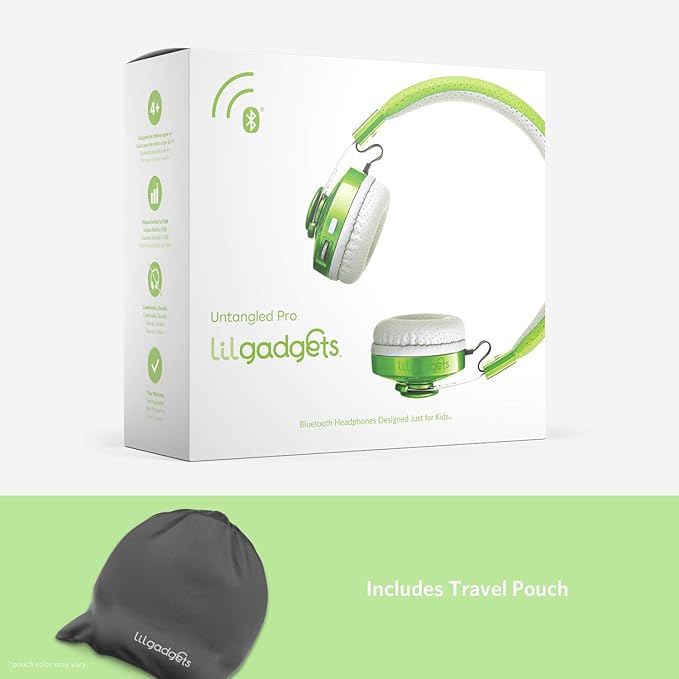 LilGadgets Kids Headphones with Microphone - Green, Ages 4+, On-Ear - Bluetooth Headphones for Kids - Volume-Limited 93dB & SharePort Audio Sharing - SoftTouch Ear Cushions