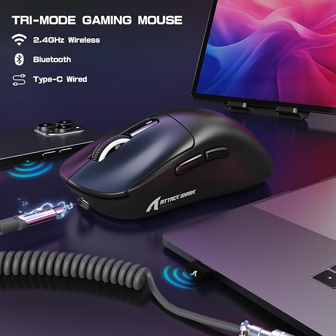ATTACK SHARK X3MAX Wireless Gaming Mouse,PixArt PAW3950 Gaming Sensor,Up to 42K DPI,100 Million Micro,49g Lightweight Tri-Mode(BT5.2/2.4Ghz/Wired) Mice with Coiled Cable-Black