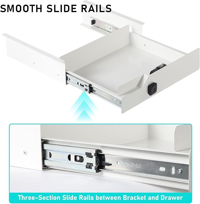 Under Desk Drawer with Biometric Fingerprint Lock, Metal Undermount Table Drawer, Slides Out Tray Organizer for Paper, Pencil, and Laptop 16"x11.8"x3.6", White with Fingerprint Lock