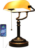 Rustic Banker's Desk Lamp Pull Chain, Traditional Bankers Desk Lamp with USB Port, Vintage Farmhouse Table Lamp for Home Office Library