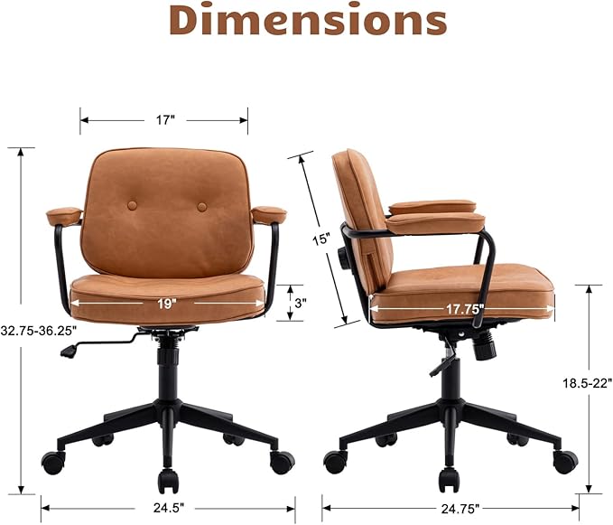 HEAH-YO Modern Armless Desk Chairs Set of 1, Swivel Computer Task Chair with Wheels and Armrests, PU Leather Adjustable Office Chair with Backrest for Home Base, Light Brown