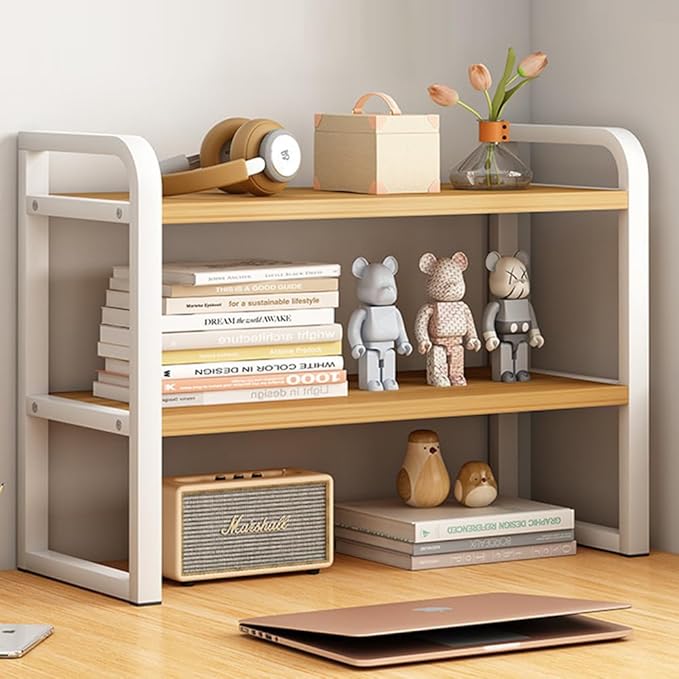 Office Desk Shelf Organizer, Wood Desktop Bookshelf Supplies Storage Rack, Shelf for Top of Desk and Dresser and Cubicle Decor Aesthetic Bookshelf (White Wood, Two Tier 19.69 Lx7.87 Wx15.16 H)