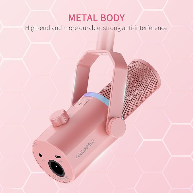 FEELWORLD PM1 XLR USB Dynamic Microphone with Boom Arm Gifts for Podcast Recording PC Computer Gaming Live Streaming Vocal Voice-Over, Studio Metal Mic, RGB Light, Mute Button, Headphones Jack (Pink)