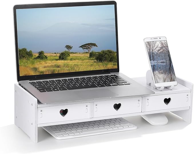 Tofficu Computer Monitor Stand Riser with 3 Drawers - Desktop Organizer with Phone Holder, White Desk Shelf for Laptop, Office Supplies & Workspace Storage