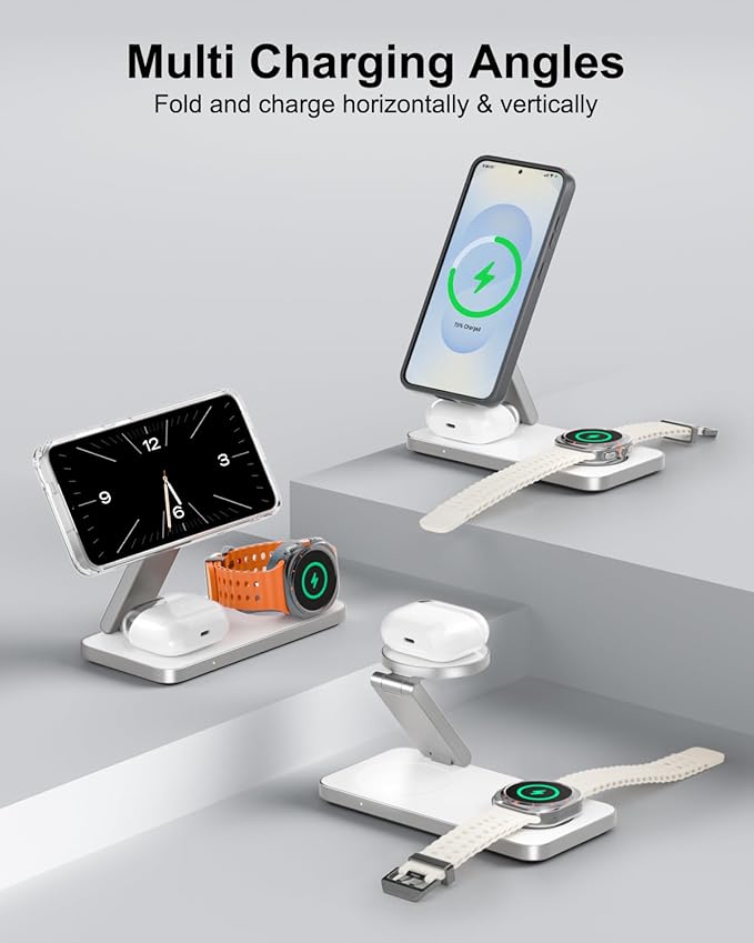 3-in-1 Charging Station for Samsung, Magnetic Fast Wireless Charger Stand Compatible with MagSafe for Galaxy S26/S25/S24/S23/Z Fold/Flip Series, Galaxy Watch Ultra/8/7/6/5, Galaxy Buds Pro/4//3/2