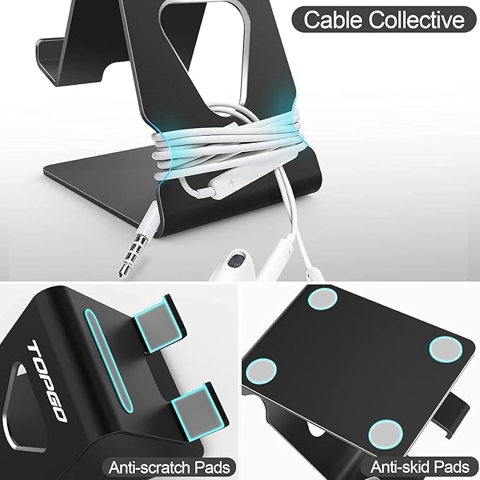 TOPGO 2 Pack Cell Phone Stand, Phone Dock, Cradle, Holder, Aluminum Desktop Phone Stand with Cable Collective for Office Desk, Bedside Table Compatible with iPhone 17 16 15 14 13 12 Pro Max - Black