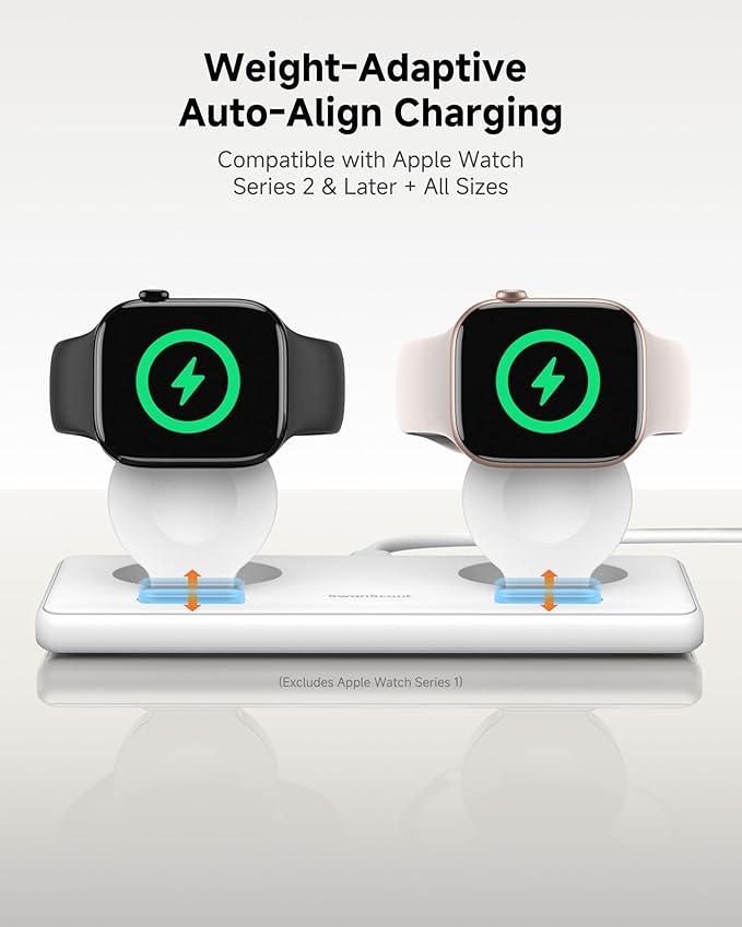 SwanScout Dual Charger for Apple Watch 11/Ultra 3/SE 3/Ultra 2/Ultra/SE 2/SE/10/9/8/7/6/5/4/3/2, Portable Charging Dock for 2 Apple Watches, SwanScout 507DA (White)