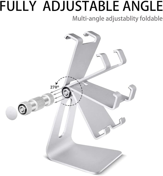 Phone & Tablet Stand Adjustable Multi‑Angle Aluminum Phone & Tablet Stand Adjustable Non‑Slip Dock/Cradle/Charging Station for Desktop, Bed, Kitchen, Office (Silver)