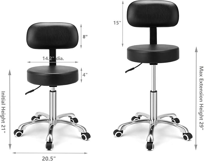 Kaleurrier Rolling Swivel Adjustable Heavy Duty Drafting Stool Chair for Hair Beauty Salon Medical Barber Office Home Kitchen Uses,with Wheels and Back (Black)