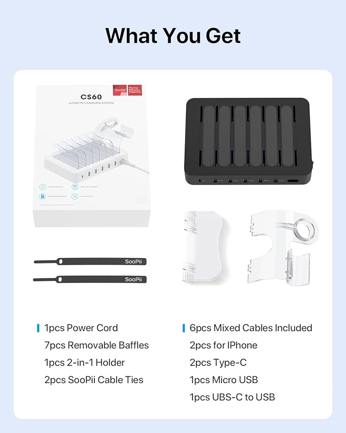SooPii 6-Port PD Charging Station for Multiple Devices, 20W PD USB C Fast Charging for lPhone 14/13/12,6 Short Cables Included, 2 in 1 Holder,for Phones,Tablets and Others,Black