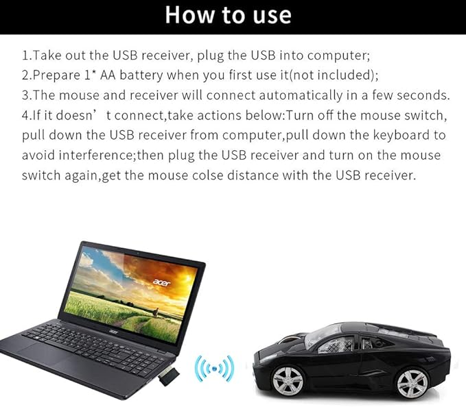 Jinfili 2.4GHz Sports Car Wireless Mouse Optical Cool 1600DPI 3D USB Wireless Gaming Mice for Pc Laptop Windows 10