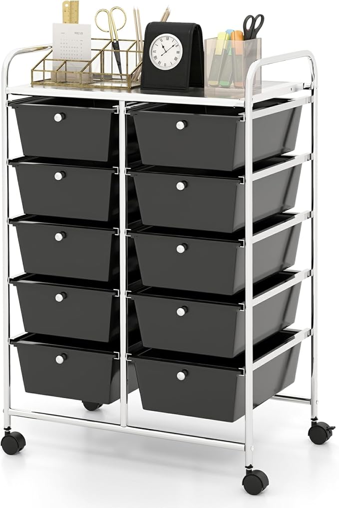 Moccha Rolling Storage Cart with 10 Drawers - Under Desk Storage Drawers with wheels for Craft Art Supply Paper Salon, Storage Drawers Organizer for Classroom Office Movable Utility Cart