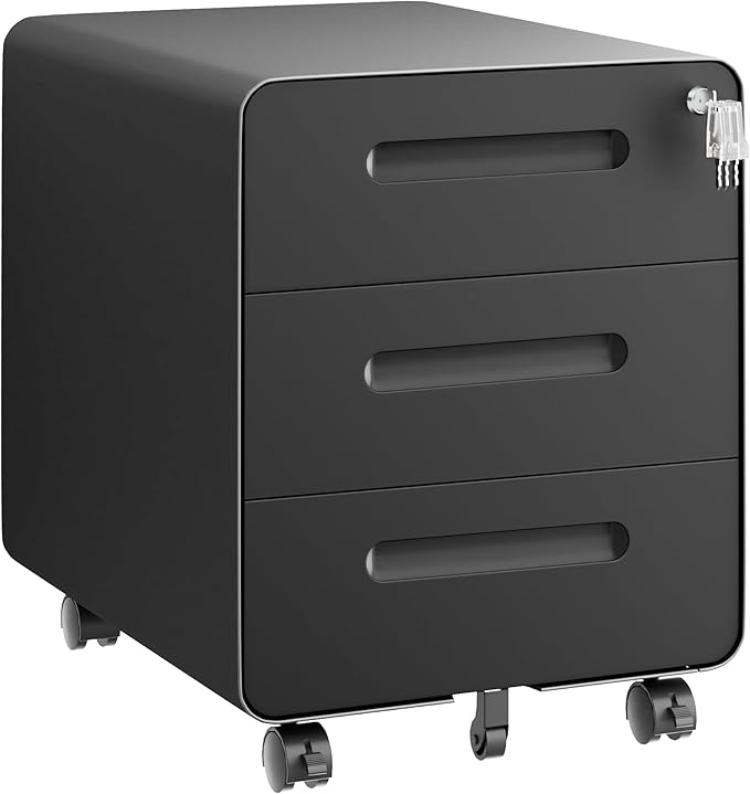3 Drawer Under Desk Printer Stand with Lock, Mobile Rolling Printer Table for Home Office, Fully Pre-Assembled (Wheels Only to Attach), 4 Keys Included, Black
