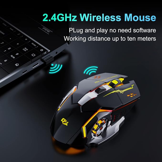 New 2.4G Wireless Rechargeable Gaming Mouse Silent Click with 6 Buttons, 3 Adjustable Levels DPI, Colorful LED Lights for Laptop, iPad, MacOS, PC, Windows, Android (Black)