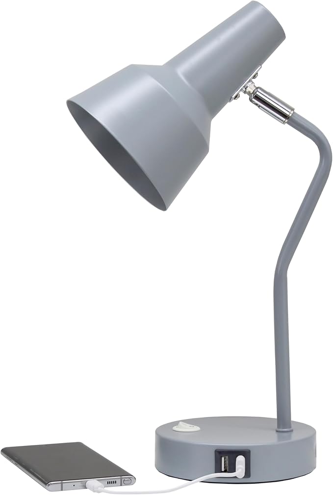 Simple Designs LD1072-GRY 15.2" Sleek Essentials Metal Cone Shade Desk Lamp with Adjustable Shade and Dual USB Ports, for Office, Desk, Nightstand, Dorm, Gray