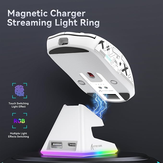 ATTACK SHARK X6 Lightweight Wireless Gaming Mouse with RGB Backlight Charging Base,Tri-Mode Wired/2.4GHz/BT5.2,26K DPI, PAW3395 Optical Sensor,HUANO Switch,5programmable Buttons,PC/Mac(White+Sticker)