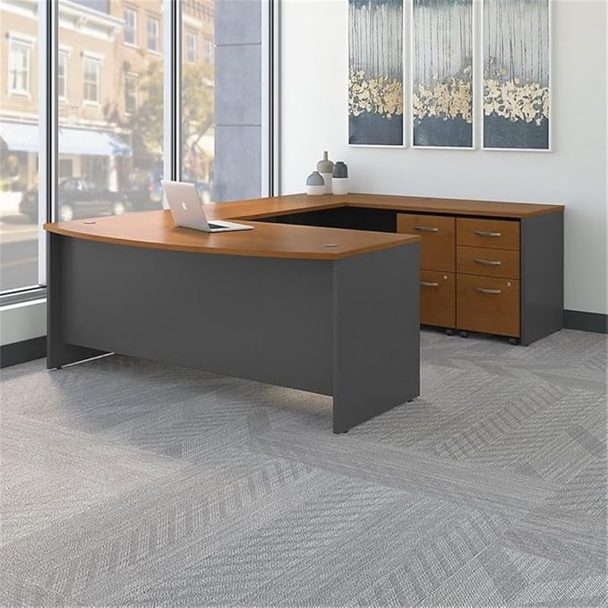 Bush Business Furniture Series C 72W x 36D Bow Front U Shaped Desk with Mobile File Cabinets in Natural Cherry