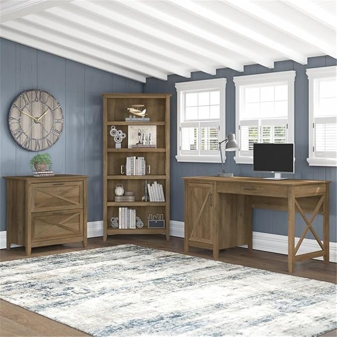 Pemberly Row 54W Desk Set with File Cabinet and 5 Shelf Bookcase, Pine Finish, Engineered Wood, Farmhouse Style Office Furniture for Home Workspace, Durable 3-Piece Bundle, Adjustable Storage