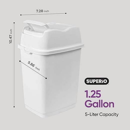 Garbage Can with Swing Top-Split Lid | Small Trash Can with Lid | Durable Plastic | Slim & Sturdy Trash Bin | Fingerprint Resistant | 1.25 Gallon / 5 qt / 5 L – White | Superio Brand