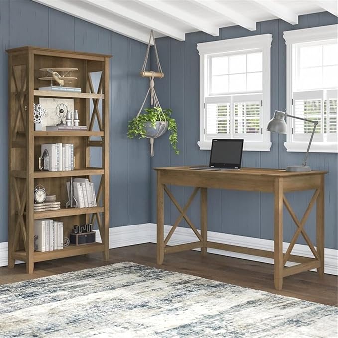 Bush Furniture Key West 48W Writing Desk with 2 Drawer Lateral File Cabinet and 5 Shelf Bookcase in Reclaimed Pine