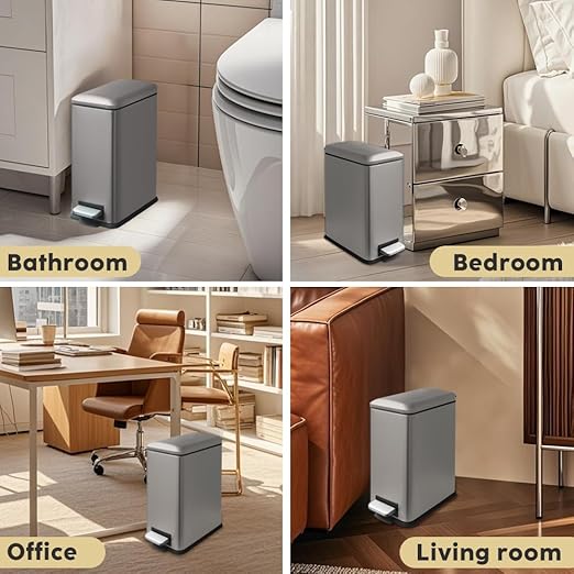 Bathroom Trash Can with Lid, 16.7L/ 4.4 Gallon Rectangular Slim Trash Can with Removable Inner Bucket, Soft Close lid, Stainless Steel Step Pedal Garbage Can for Bathroom, Kitchen, Home Office, Grey