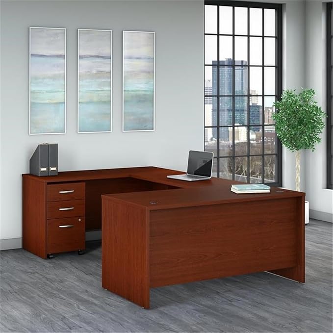 Bush Business Furniture Series C 60W U Shaped Desk with 3 Drawer Mobile File Cabinet in Mahogany