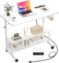 Armocity Rolling Standing Desk with Power Outlets, 32" Manual Height Adjustable Mobile Computer Desk with Wheels, Small Portable Sit Stand Laptop Couch Table for Bed & Sofa Home Office, Whtie