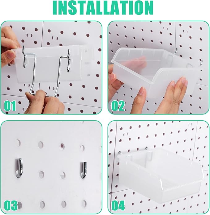 Roowest 60 Pcs Pegboard Cups Pegboard Bins Set, Wall Organizer with Hooks and Loops, Hooks Assortment Organizer Accessory for Office Storage Garage Craft Workshop(Clear)