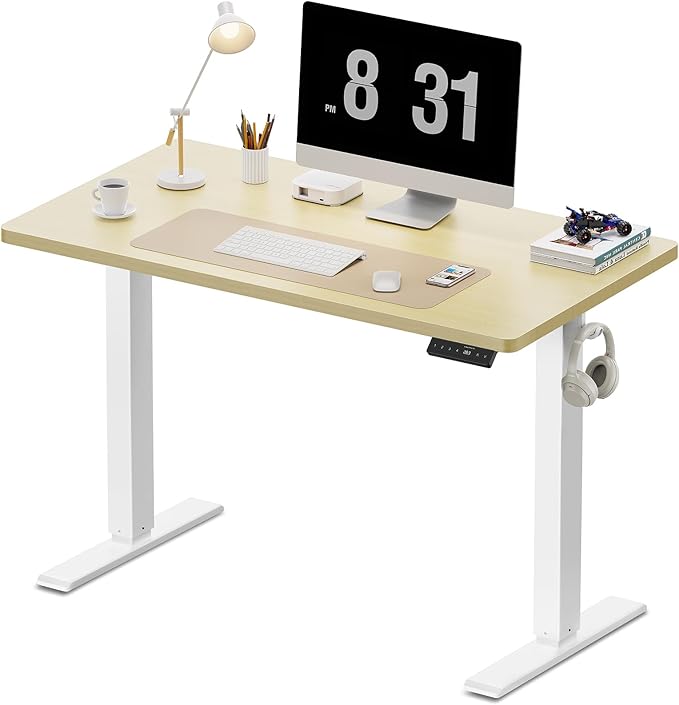 WALKINGDESK 40x24 Inches Height Adjustable Electric Standing Desk with 2 Hooks for Home Office, Ergonomic Sit Stand up Desk with Splice Board, Oak