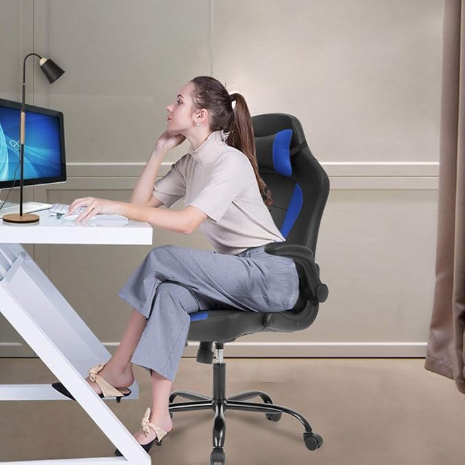 Gaming Chair Office Chair Desk Chair with Lumbar Support Flip Up Arms Headrest PU Leather Swivel Rolling Adjustable High Back Racing Computer Chair for Women Men Adults,Blue