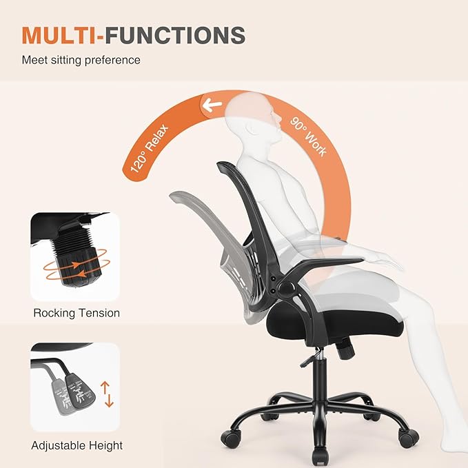 Sweetcrispy Office Computer Desk Chair, Ergonomic Mid-Back Mesh Rolling Work Swivel Task Chairs with Wheels, Comfortable Lumbar Support, Comfy Flip-up Arms for Home, Bedroom, Study, Student, Black