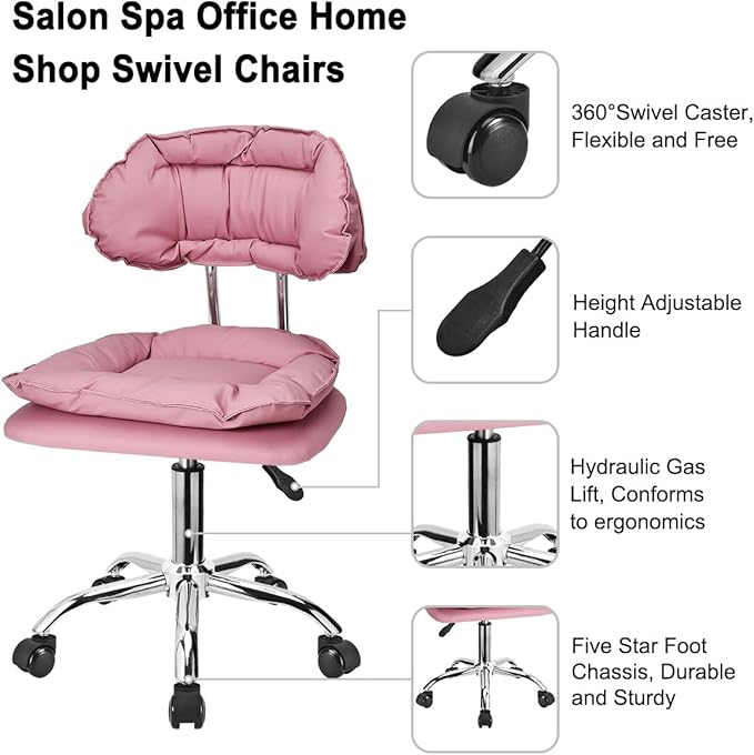 JOSTZHXIN Rolling Stool with Backrest, Home Office Rolling Stool Chair, Thickened Seat Cushion, Adjustable Height Swivel Chair for Nail Shop Salon Spa Massage Tattoo,Pink