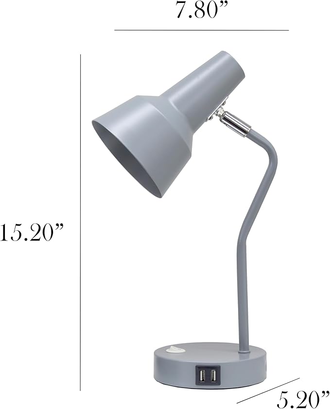 Simple Designs LD1072-GRY 15.2" Sleek Essentials Metal Cone Shade Desk Lamp with Adjustable Shade and Dual USB Ports, for Office, Desk, Nightstand, Dorm, Gray
