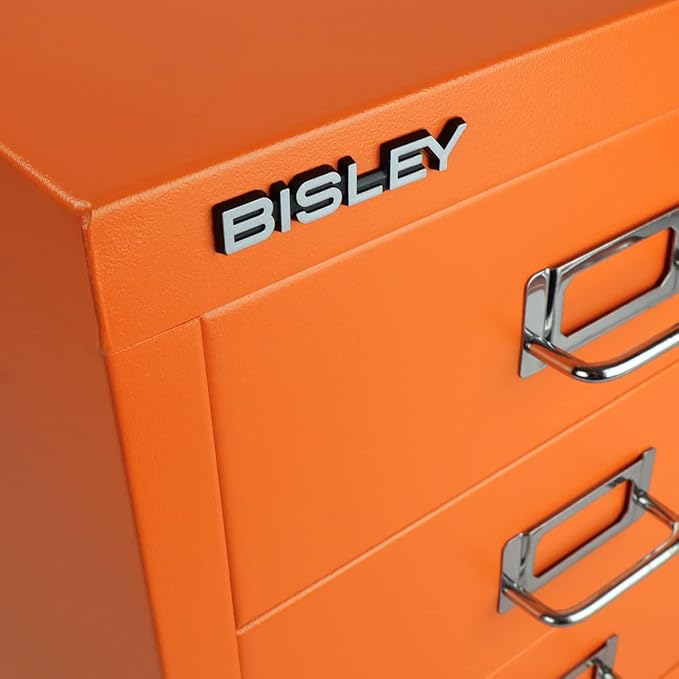 3-Drawer Steel MultiDrawer Cabinet - Bisley Orange, Chrome Pull Handles with Label Holders, Powder-Coated Steel, Removable Drawers, Desktop Storage, Labels Included by Bisley