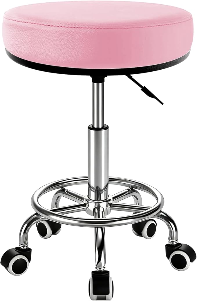 Heavy Duty Round Rolling Stool 500lb, PU Leather 360-degree Support Full-Edge Cover Layer Drafting Chair with Wheels, Height Adjustable Swivel Stool with Footrest, 5-min Easy Assembly (Pink)