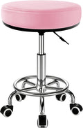Heavy Duty Round Rolling Stool 500lb, PU Leather 360-degree Support Full-Edge Cover Layer Drafting Chair with Wheels, Height Adjustable Swivel Stool with Footrest, 5-min Easy Assembly (Pink)
