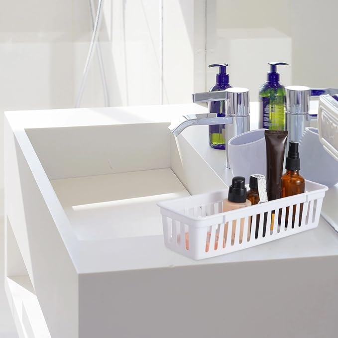 Domensi 12 Pack Slim Plastic Storage Baskets Tray for Organizing 10.25x3.25x2.5 Inch Small Narrow Storage Bins Stackable Drawer Pencil Trays Holder for Desk Garage Cabinet Container (White, Black)