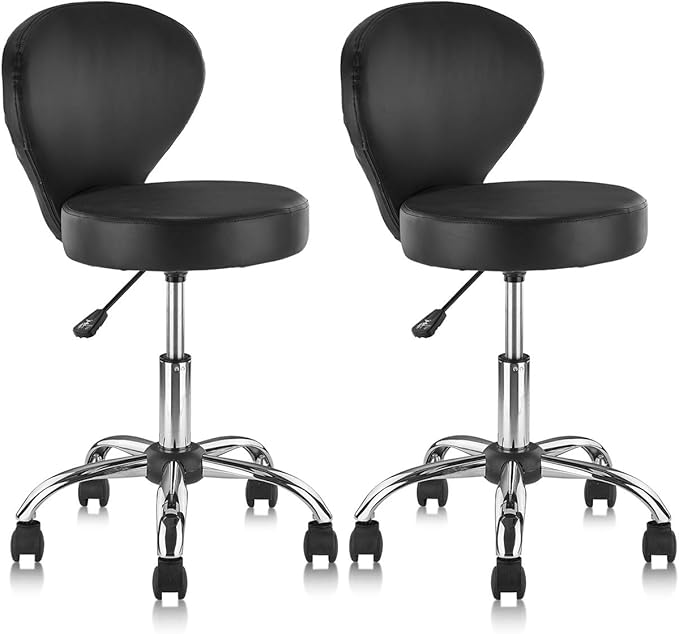 KLASIKA Set of 2 PVC Faux Leather Rolling Swivel Salon Stool Chair with Wheel Back Lumbar Support Seat Height 22 in Diameter 15 Inch Adjustable Hydraulic Chair for Beauty Barber Manicure Lash 2 Pack